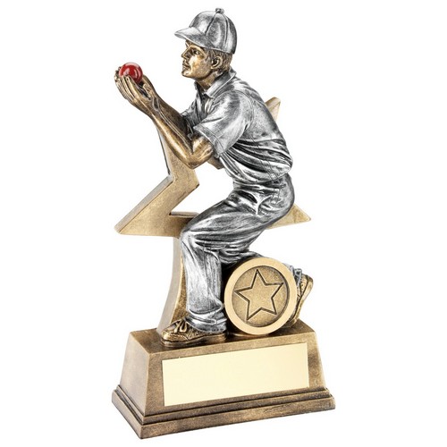 BRZ/PEW CRICKET BATSMAN FIGURE WITH STAR BACKING TROPHY 9in 1in CENTRE 