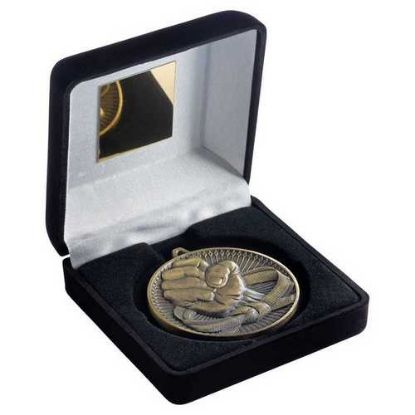 Picture of Black Velvet Box And 60mm Medal Martial Arts Trophy Antique Gold - 4in
