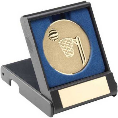 Picture of Black Plastic Box With Netball Insert Trophy Gold - 3.5in