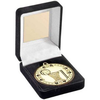 Picture of Black Velvet Medal Box And 50mm Medal Netball Trophy Gold - 3.5in
