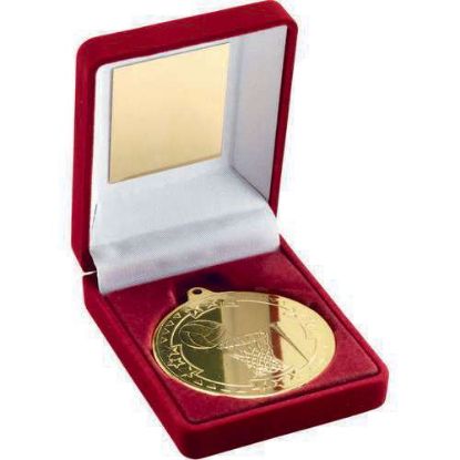 Picture of Red Velvet Box And 50mm Medal Netball Trophy Gold