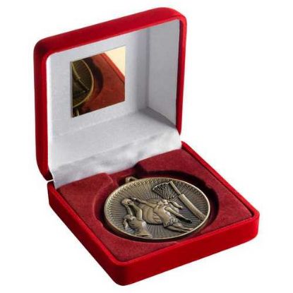 Picture of Red Velvet Box And 60mm Medal Netball Trophy Antique Gold
