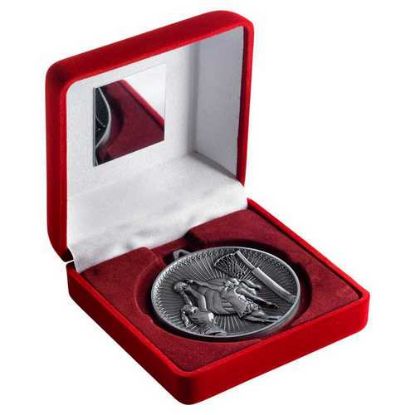 Picture of Red Velvet Box And 60mm Medal Netball Trophy Antique Silver
