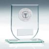 Picture of Jade Glass Shield Plaque With Silver Round Metal Trim Trophy (1in Cen) - 4.25in