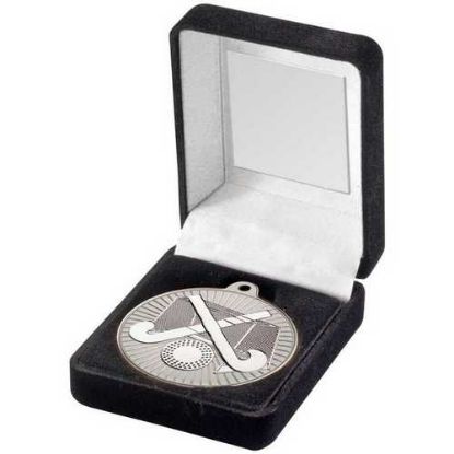 Picture of Black Velvet Box And 50mm Hockey Medal Trophy Matt Silver~silver