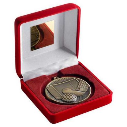 Picture of Red Velvet Box And 60mm Medal Hockey Trophy Antique Gold