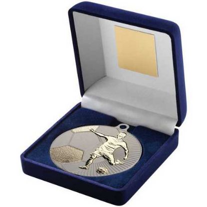 Picture of Blue Velvet Box And 70mm Football Medal Trophy Matt Silver|gold - 4in