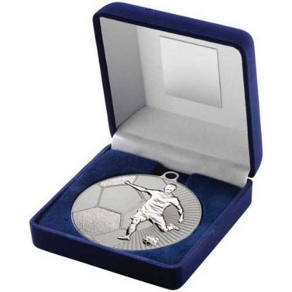 Picture of Blue Velvet Box And 70mm Football Medal Trophy Matt Silver~silver