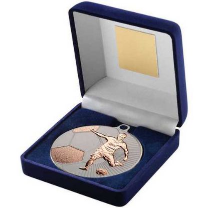 Picture of Blue Velvet Box And 70mm Football Medal Trophy Matt Silver~bronze