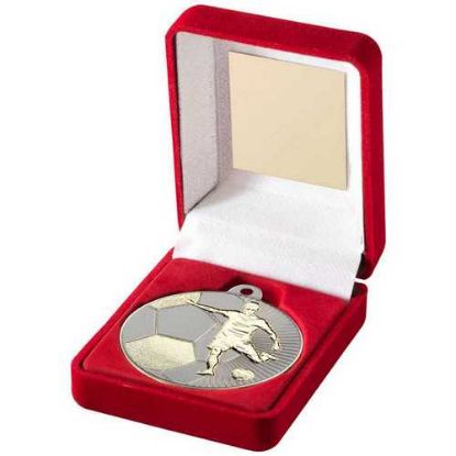 Picture of Red Velvet Box And 50mm Football Medal Trophy Matt Silver~gold