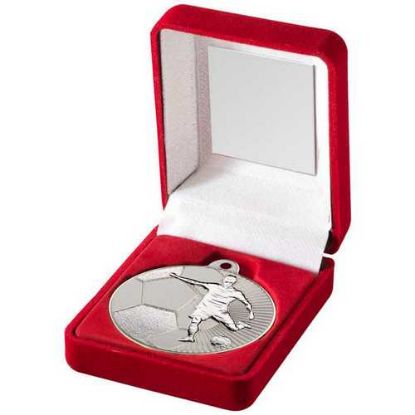 Picture of Red Velvet Box And 50mm Football Medal Trophy Matt Silver~silver
