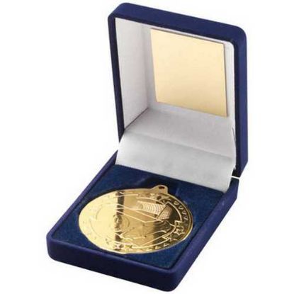 Picture of Blue Velvet Box And 50mm Medal Football Trophy Gold - 3.5in