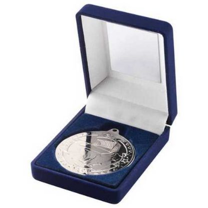 Picture of Blue Velvet Box And 50mm Medal Football Trophy Silver - 3.5in