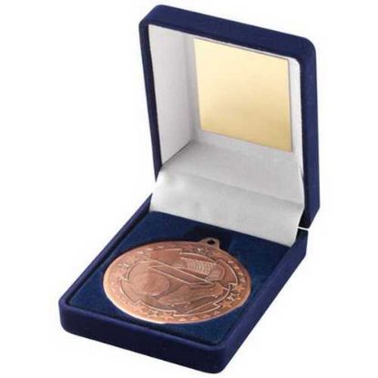 Picture of Blue Velvet Box And 50mm Medal Football Trophy Bronze - 3.5in