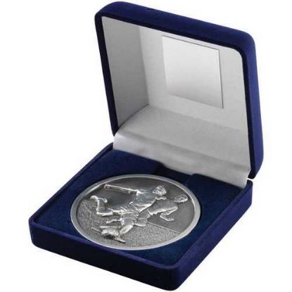 Picture of Blue Velvet Box And 70mm Medallion Football Trophy Antique Silver - 4in