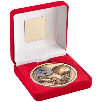 Picture of Red Velvet Box And 70mm Medallion Football Trophy (1" Cen) Antique Gold