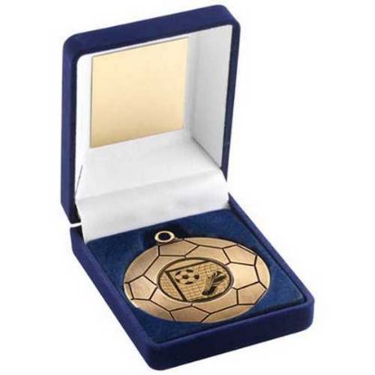 Picture of Blue Velvet Box And 50mm Football Medal Trophy Antique Gold (1in Cen)