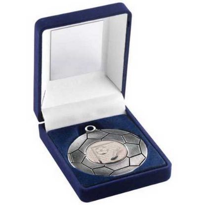 Picture of Blue Velvet Box And 50mm Football Medal Trophy Antique Silver (1in Cen)