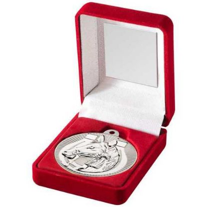 Picture of Red Velvet Box And 50mm Horse Medal Trophy Matt Silver~silver