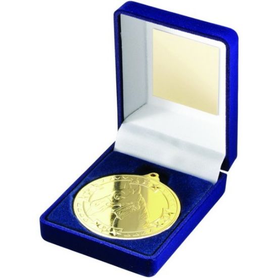 Trophy Distributors - Blue Velvet Box And 50mm Medal Horse Trophy Gold ...