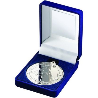 Picture of Blue Velvet Box And 50mm Medal Horse Trophy Silver