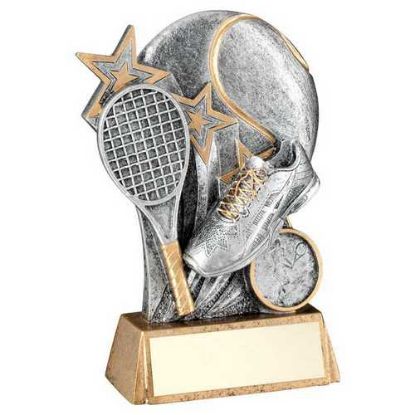 Picture of Pew|gold Tennis Ball With Racket On Brz Base With Plate (1in Cen) - 6.25in