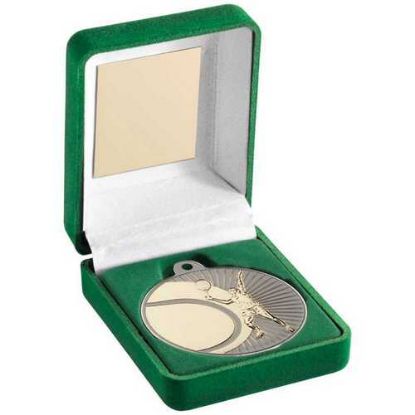 Picture of Green Velvet Box And 50mm Tennis Medal Trophy Matt Silver~gold