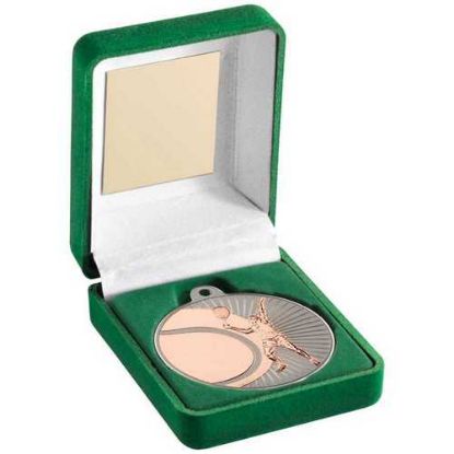 Picture of Green Velvet Box And 50mm Tennis Medal Trophy Matt Silver~bronze