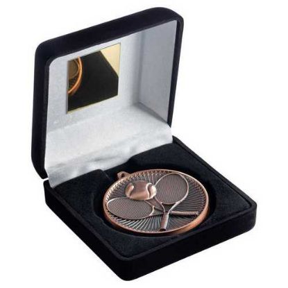 Picture of Black Velvet Box And 60mm Medal Tennis Trophy Bronze