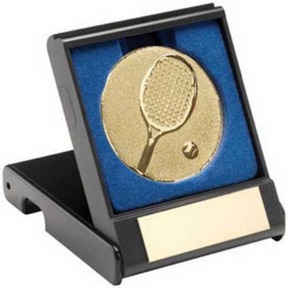 Picture of Black Plastic Box With Tennis Insert Trophy Gold - 3.5in