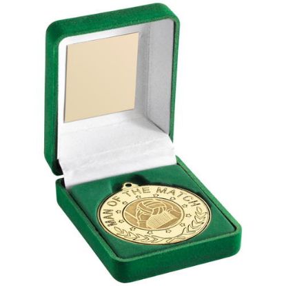 Picture of Green Velvet Box And Gold 50mm M.O.T.M Medal With Gaelic Insert Trophy