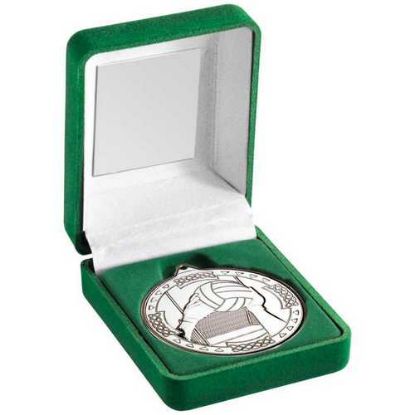 Picture of Green Velvet Box And 50mm Medal Gaelic Football Trophy Silver