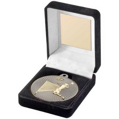 Picture of Black Velvet Box And 50mm Badminton Medal Trophy Matt Silver~gold