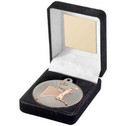 Picture of Black Velvet Box And 50mm Badminton Medal Trophy Matt Silver~bronze