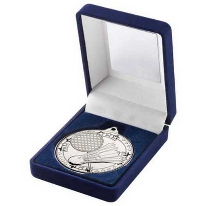 Picture of Blue Velvet Box And 50mm Medal Badminton Trophy Silver