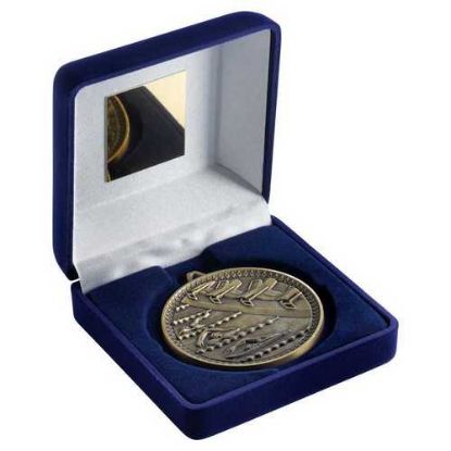 Picture of Blue Velvet Box And 60mm Medal Swimming Trophy Antique Gold