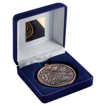 Picture of Blue Velvet Box And 60mm Medal Swimming Trophy Bronze