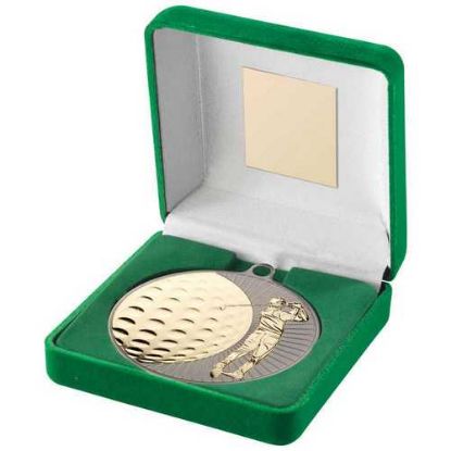 Picture of Green Velvet Box And 70mm Golf Medal Trophy Matt Silver~gold