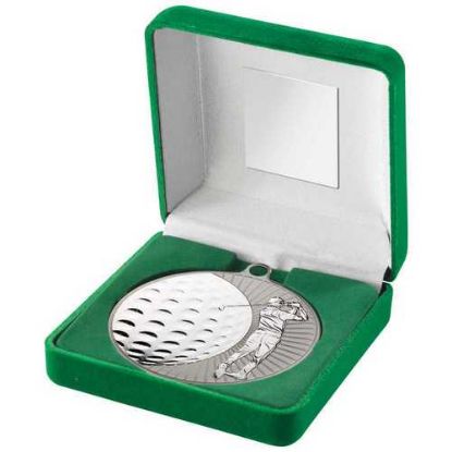 Picture of Green Velvet Box And 70mm Golf Medal Trophy Matt Silver~silver