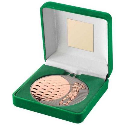 Picture of Green Velvet Box And 70mm Golf Medal Trophy Matt Silver~bronze