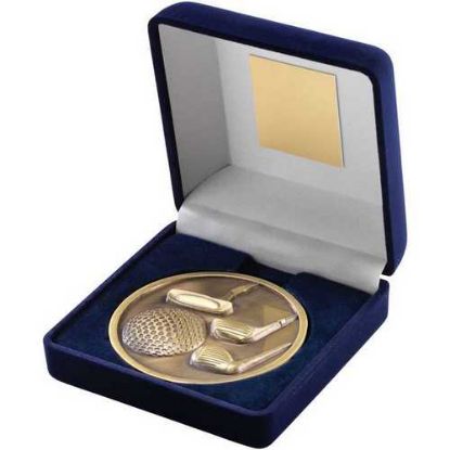 Picture of Blue Velvet Box And 70mm Medallion Golf Trophy Antique Gold