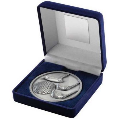 Picture of Blue Velvet Box And 70mm Medallion Golf Trophy Antique Silver