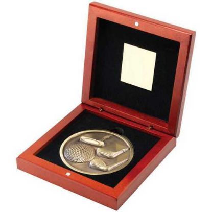 Picture of Rosewood Box And 70mm Medallion Golf Trophy Antique Gold