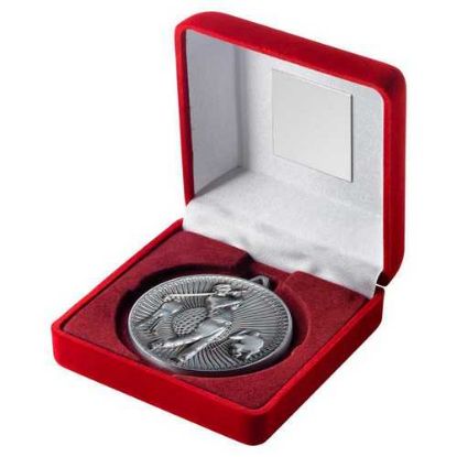 Picture of Red Velvet Box And 60mm Medal Golf Trophy Antique Silver - 4in