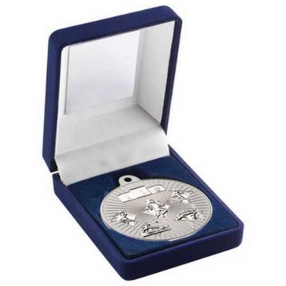 Picture of Blue Velvet Box And 50mm Multi Athletics Medal Trophy Matt Silver~silver