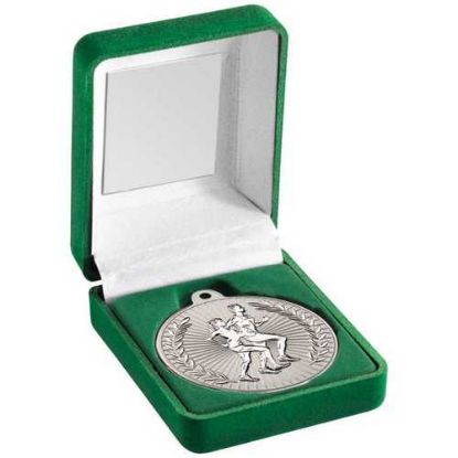 Picture of Green Velvet Box And 50mm Running Medal Trophy Matt Silver~silver