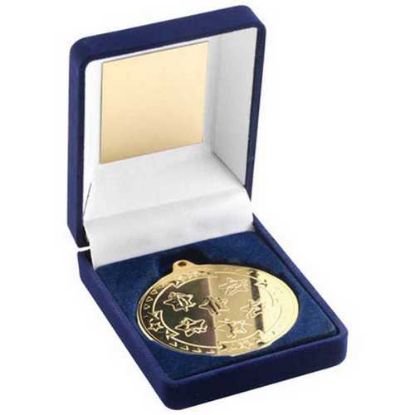 Picture of Blue Velvet Medal Box And 50mm Medal Multi Athletics Trophy Gold - 3.5in