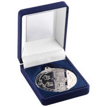 Picture of Blue Velvet Medal Box And 50mm Medal Multi Athletics Trophy Silver - 3.5in