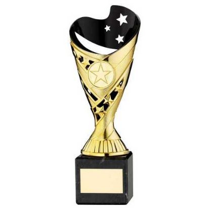 Picture of Gold|blk Plastic Sabre Cup On Blk Marble Assembled Trophy (1" Cen) - 8in