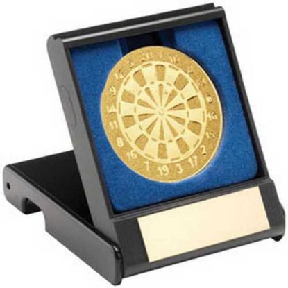 Picture of Black Plastic Box With Darts Insert Trophy Gold - 3.5in